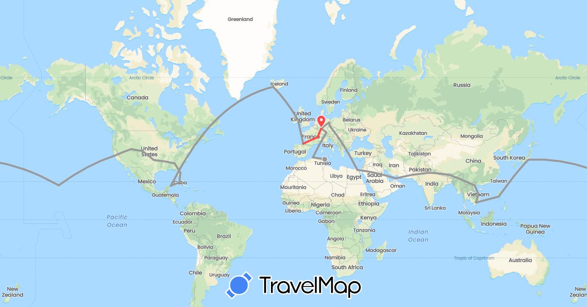 TravelMap itinerary: driving, plane, hiking in United Arab Emirates, Bhutan, Switzerland, Cuba, Germany, Algeria, Egypt, Spain, Ireland, India, Iceland, Japan, Mexico, Philippines, Tunisia, United States, Vietnam (Africa, Asia, Europe, North America)